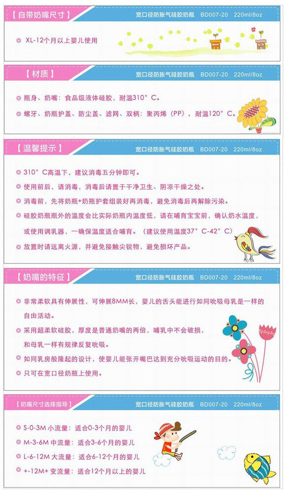 寶德寬口徑防脹氣硅膠奶瓶藍