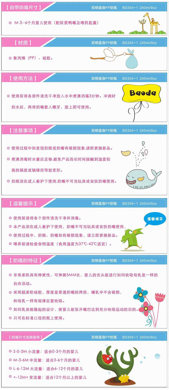 寶德雙柄直身PP奶瓶240ml白