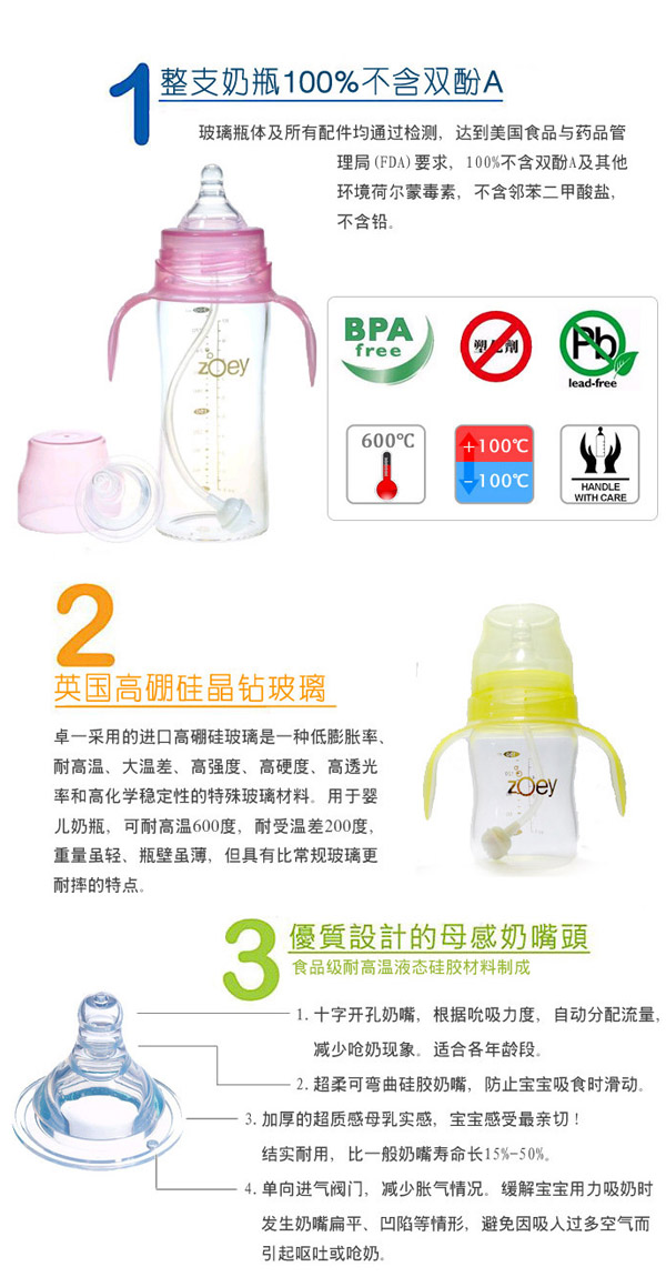 卓一zoey寬口徑高硼硅玻璃奶瓶簡介