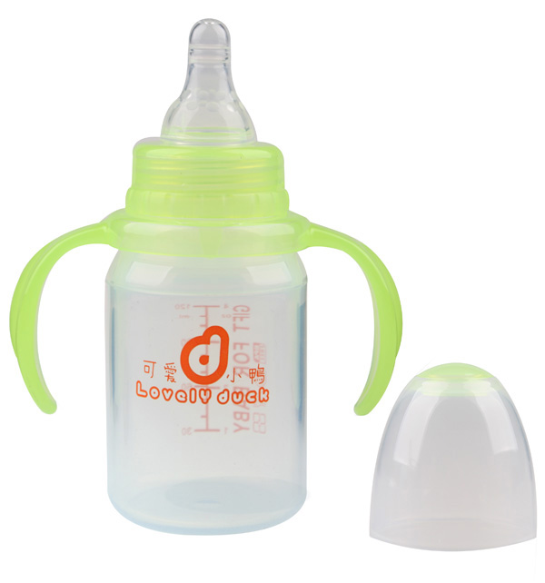 可愛小鴨標(biāo)口徑硅膠奶瓶綠色120ml