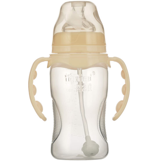 嬰之美寬口雙耳自動弧形PP奶瓶270ML乳白色