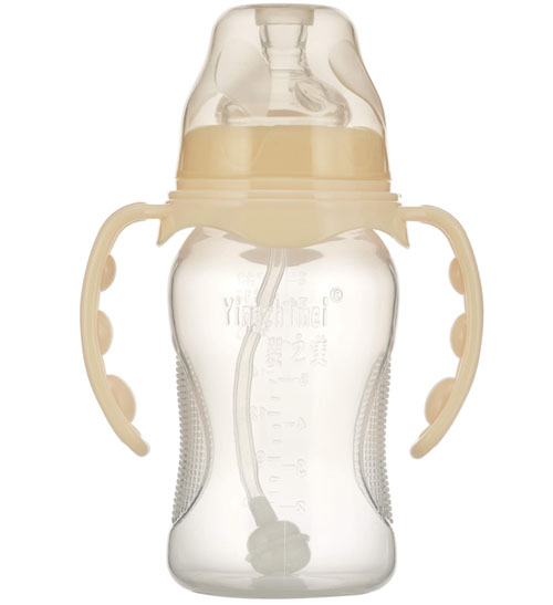 嬰之美寬口雙耳自動弧形PP奶瓶240ML乳白色