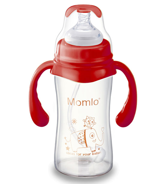 苗苗樂(lè)帶手柄嬰兒玻璃奶瓶紅色
