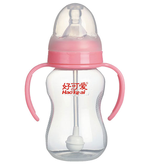 好可愛(ài)標(biāo)口自動(dòng)吸管手柄弧形奶瓶180ml