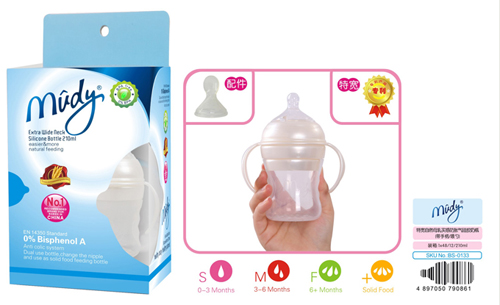 麥地特寬自然母乳實(shí)感防脹氣硅膠奶瓶(帶手柄喂勺)210ML