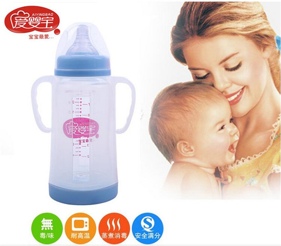 愛嬰寶帶手柄防摔防爆寬口徑晶鉆玻璃奶瓶240ml