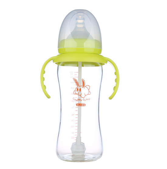 丘比兔玻璃寬口徑葫蘆型自動(dòng)把手奶瓶280ML青色