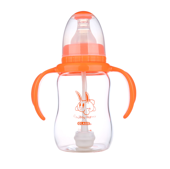 丘比兔標準口徑玻璃葫蘆型自動把手奶瓶120ML橙色