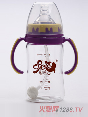 施貝樂紫色寬口弧形帶柄玻璃奶瓶180ml