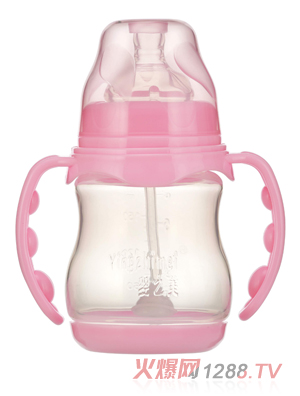 嬰之美寬口雙耳自動圓弧PP奶瓶帶底180ML粉色
