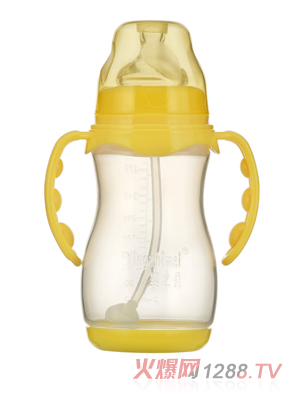 嬰之美寬口雙耳自動葫蘆PP奶瓶帶底270ML黃色