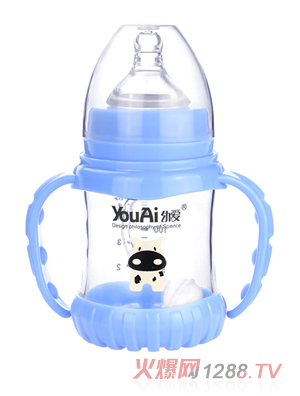 幼愛(ài)帶柄自動(dòng)吸防摔感溫晶鉆玻璃寬口奶瓶150ml