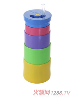 馬卡龍奶嘴硅膠伸縮水杯 帶吸嘴 黃底藍(lán)蓋 400ml