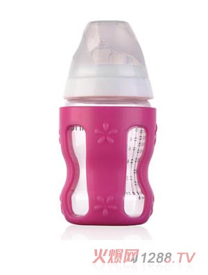 清素250ml寬口玻璃奶瓶（帶保護(hù)套+中流量奶嘴）-玫紅色