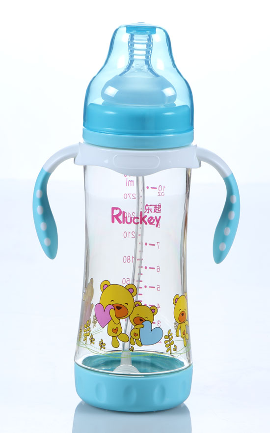 樂起300ML帶柄寬口徑防滑奶瓶藍色