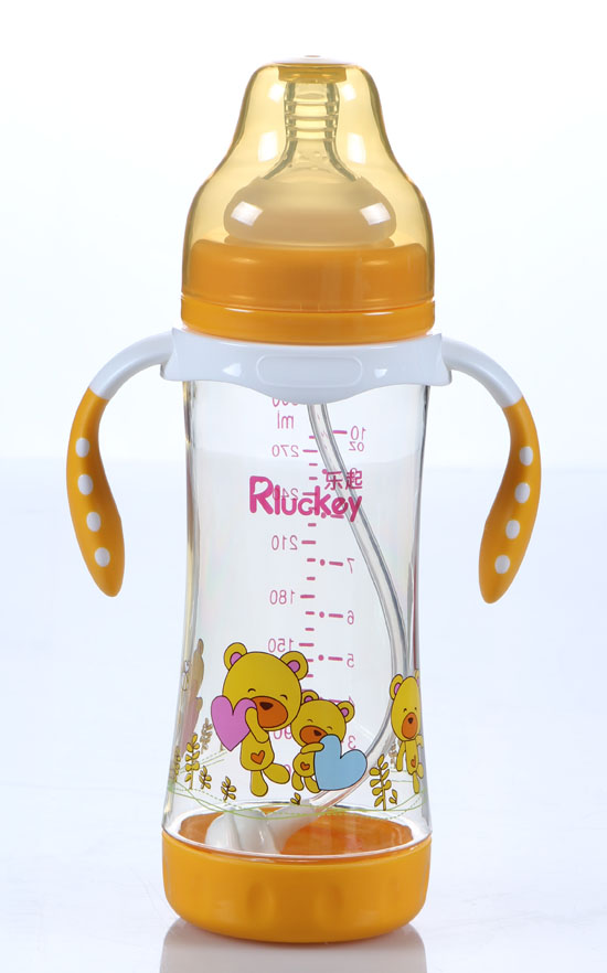 樂起帶柄寬口徑300ML防滑奶瓶黃色