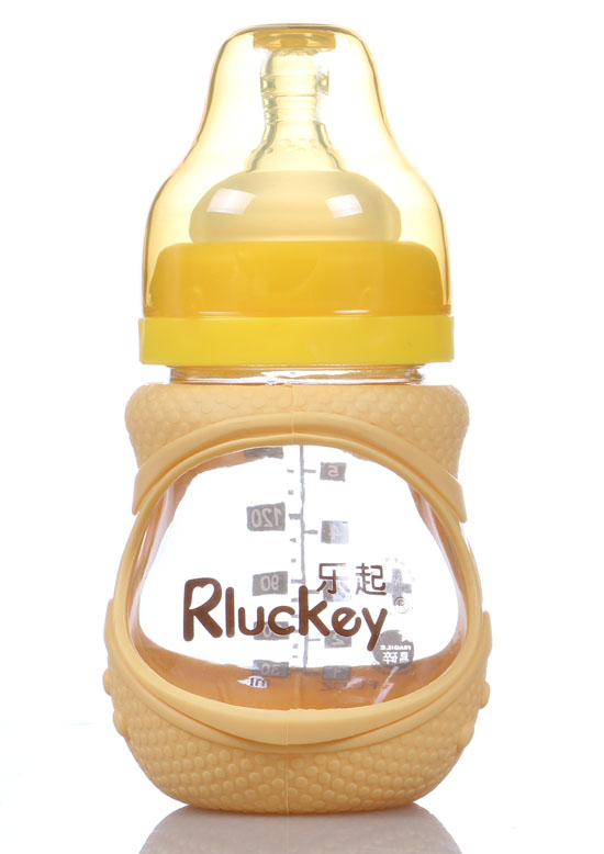 樂起180ml防摔玻璃奶瓶黃色不帶柄