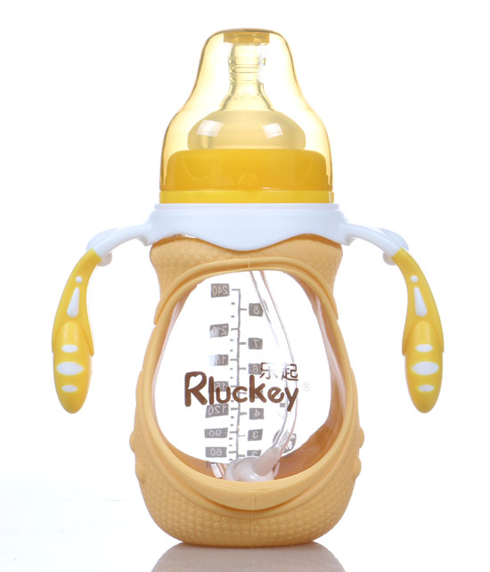 樂起240ml防摔玻璃奶瓶黃色帶柄