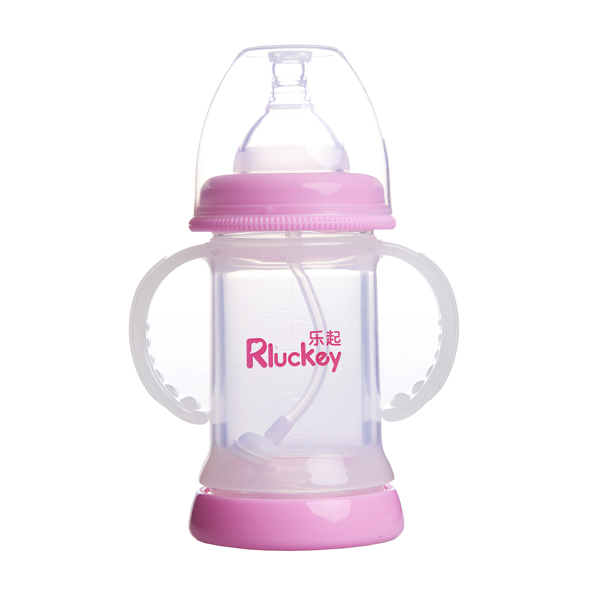 樂起寬口雙層防爆有耳自動(dòng)晶鉆玻璃底部透氣奶瓶150ml粉色